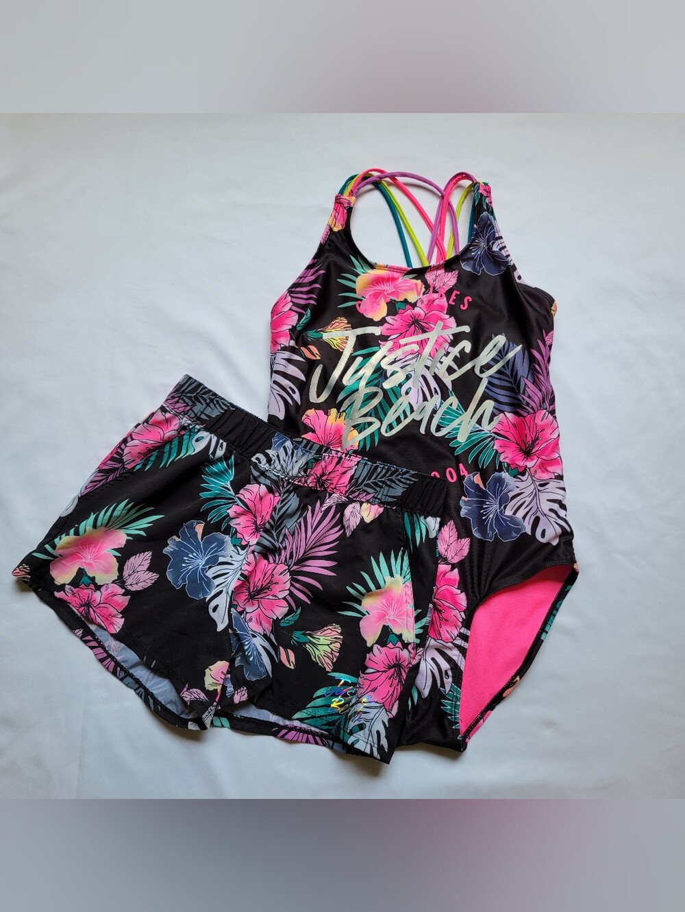 Justice Girls One Piece Swimsuit With Shorts XL 16/18 Cali Vibes Floral Pattern